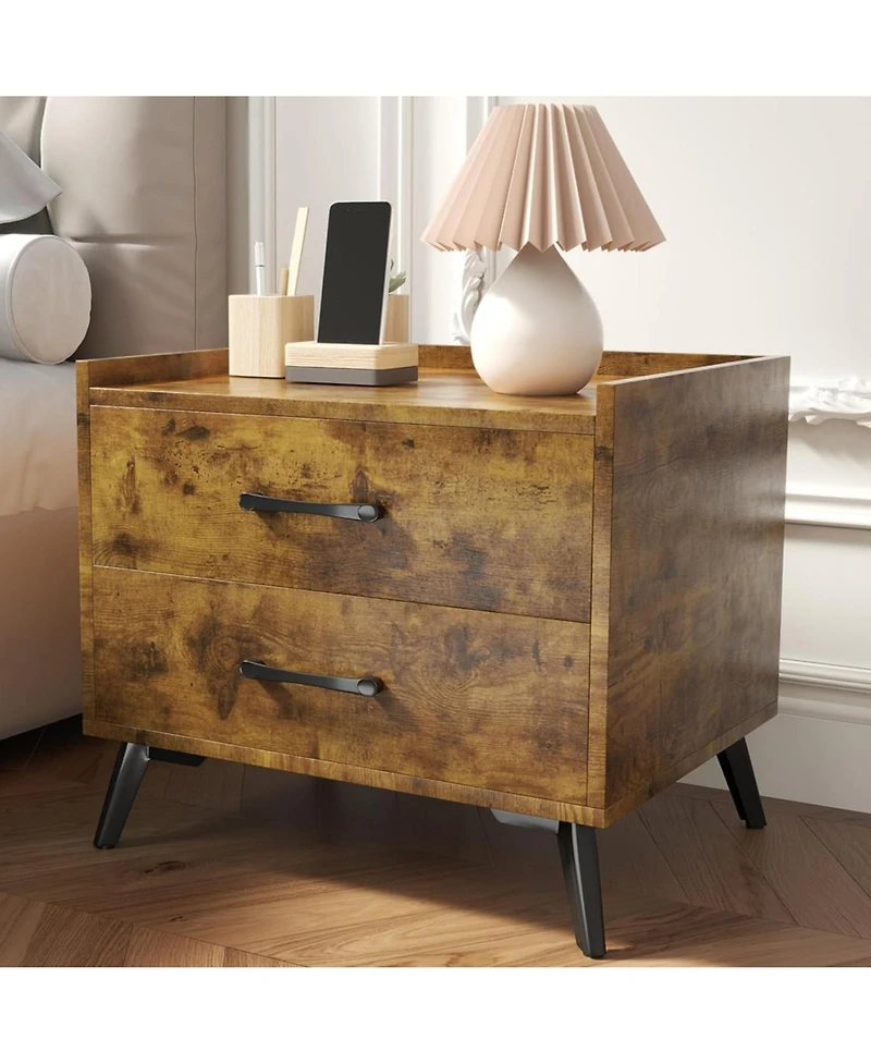 Rainsken Retro Nightstand, Minimalist End Side Table, Bedside Table with 2 Drawers and Metal Legs, Essential Bedroom Furniture