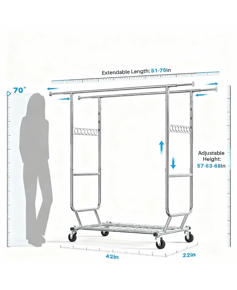 Yigii Heavy Duty Collapsible Clothes Rack with Wheels, 650Lbs Capacity, Double Rod, 75"W x 22"D x 68"H
