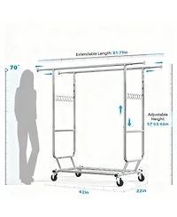 Yigii Heavy Duty Collapsible Clothes Rack with Wheels, 650Lbs Capacity, Double Rod, 75"W x 22"D x 68"H