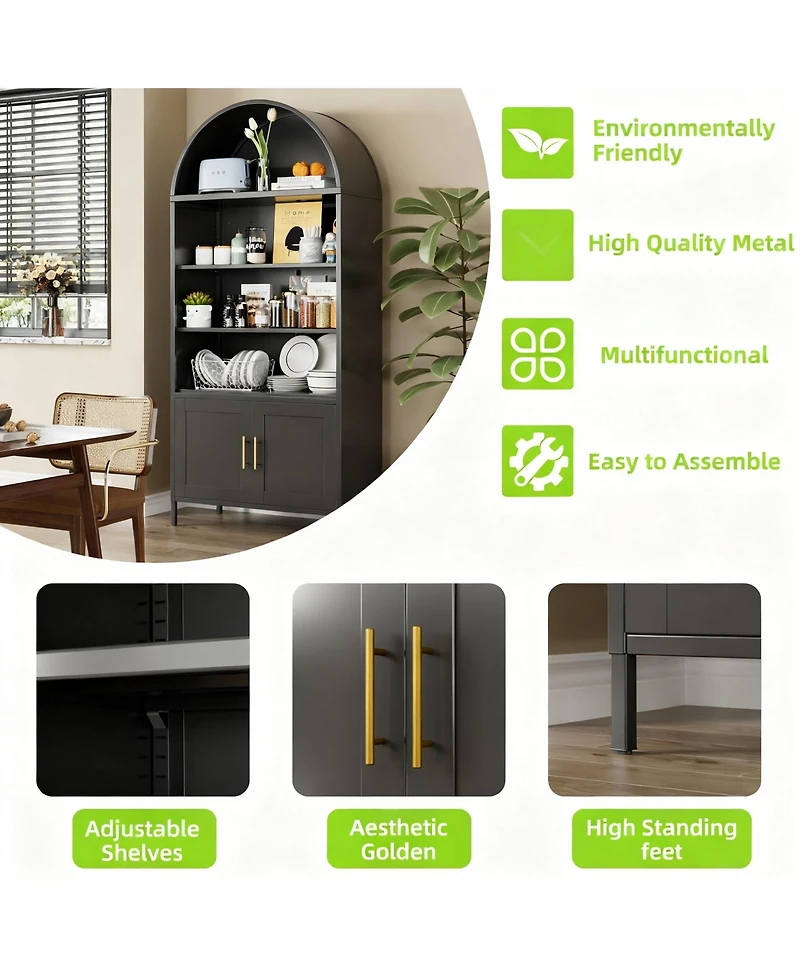 Yigii Metal Arched Cabinet, 17.7"D x 35.5"W x 78.8"H, Adjustable Shelves, 3 Storage Areas