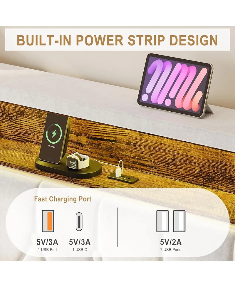 Gaomon Queen Size Floating Bed Frame with Led Lights, Velvet Upholstered Platform, Storage Headboard, No Box Spring Needed