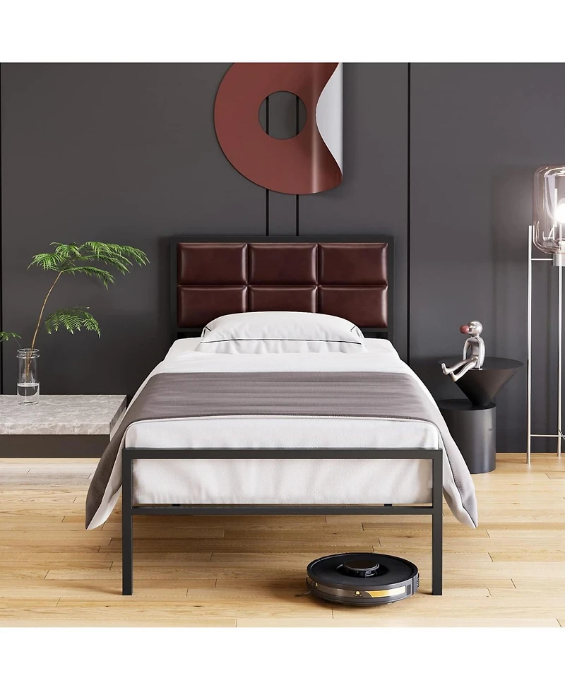 Gaomon Bed Frame, Faux Leather Platform Bed Frame with Upholstered Square Stitched Headboard, Metal Bed Frame with Steel Slats Support