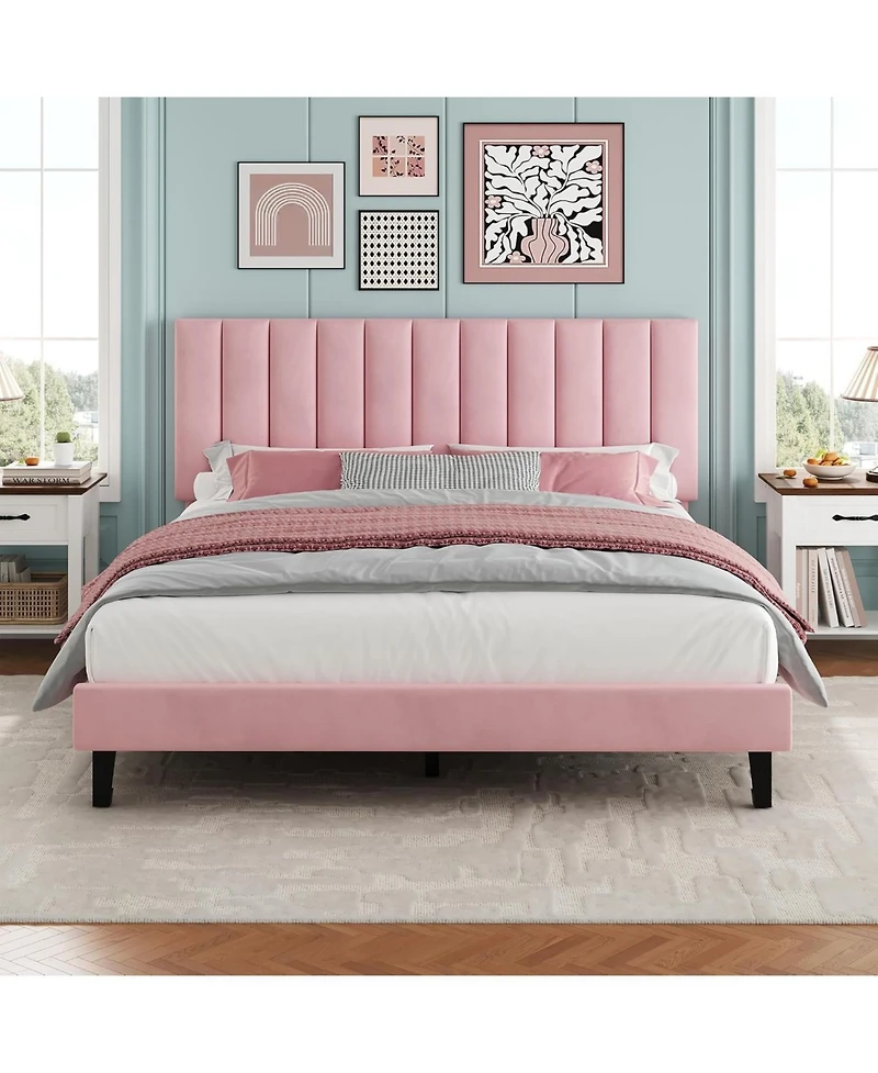 gaomon Velvet Upholstered Platform Bed Frame with Adjustable Headboard, No Box Spring Needed, Easy Assembly