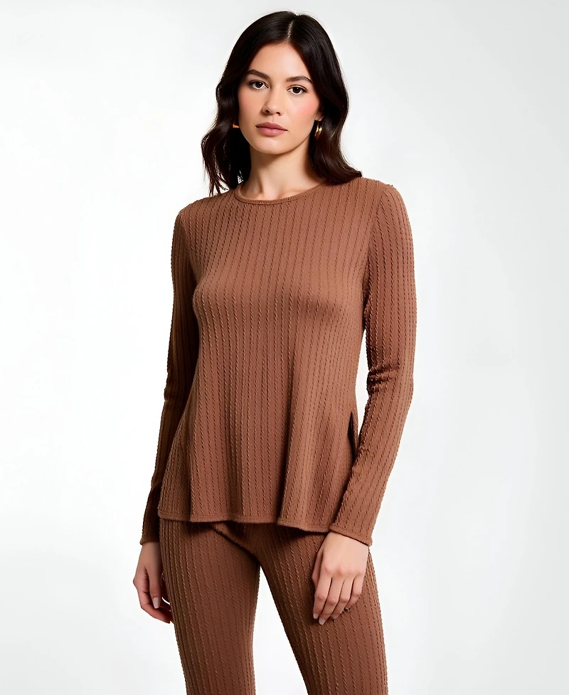 Modenaire Women's Ribbed Knit Long Sleeve Top and Flared Pants Lounge Set
