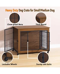 Aostirmotor 38.6" Dog Crate Furniture with Wheels, 2-Door Heavy Duty Indoor Kennel & End Table for Small Dogs