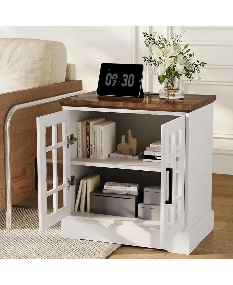 gaomon 24 Inch Farmhouse Nightstand, Tempered Glass Door End Table with Charging Station & Adjustable Shelf