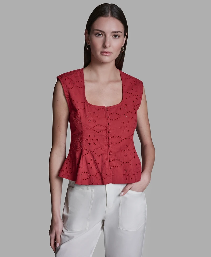 Bcbg Women's Eyelet Detail Sleeveless Square Neck Peplum Top