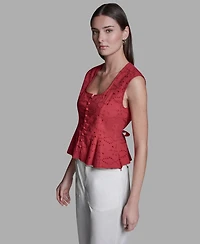 Bcbg Women's Eyelet Detail Sleeveless Square Neck Peplum Top