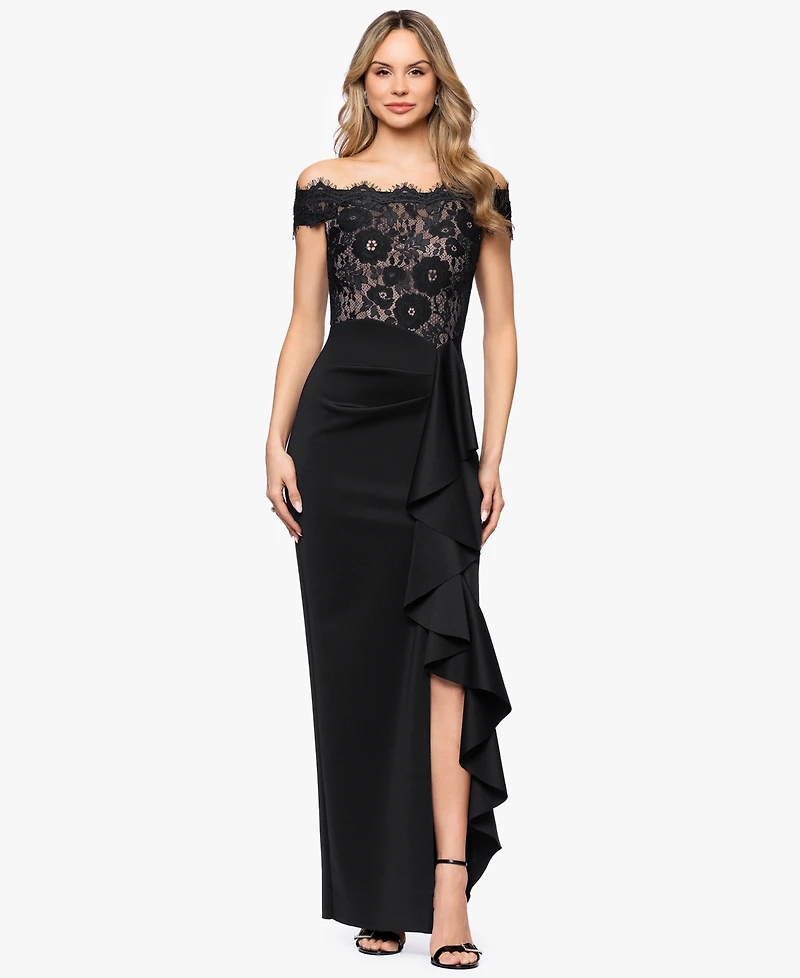 Betsy & Adam Petite Lace Off-the-Shoulder Ball Gown