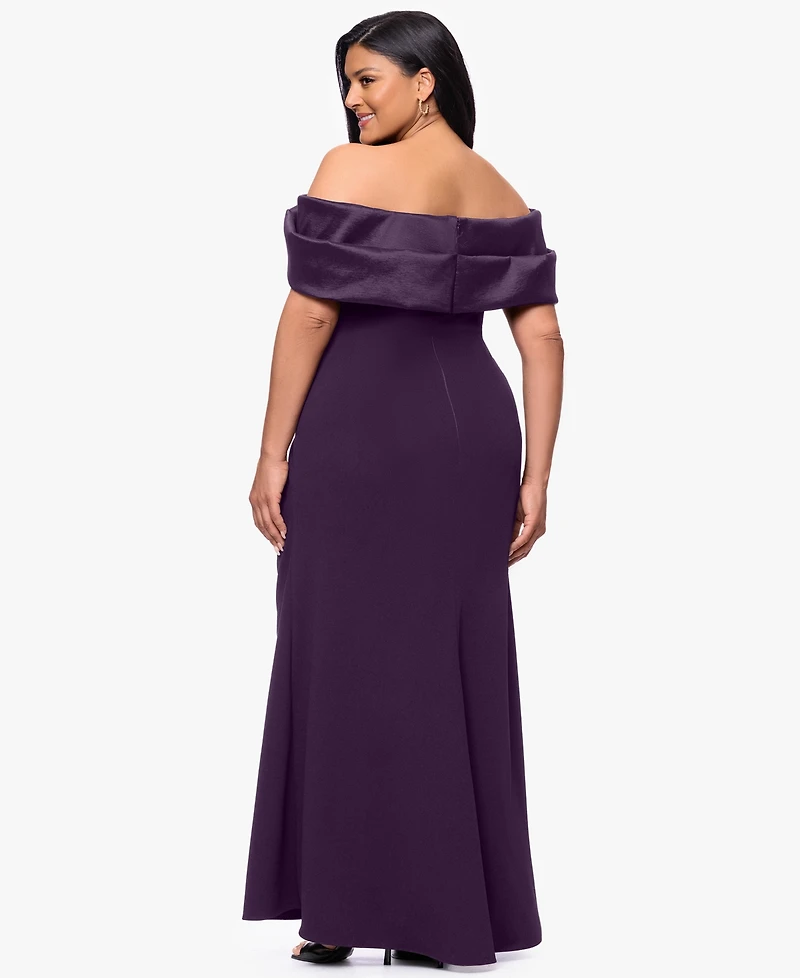 Betsy & Adam Plus Ruched Off-the-Shoulder Ball Gown