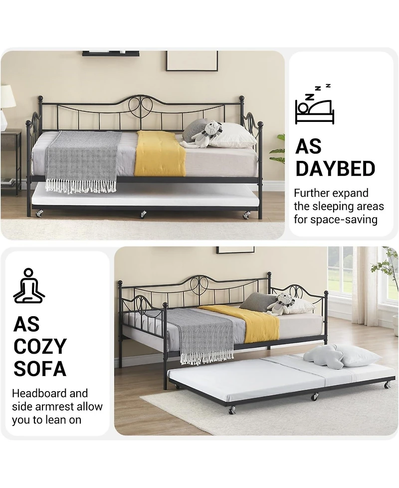 gaomon Metal Daybed with Trundle Bed, Twin Size Day Bed with Headboard and Heavy Duty Steel Slats Support, Mattress Foundation Platform Sofa Bed