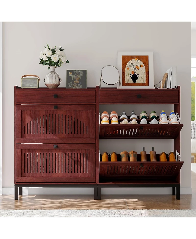 gaomon Shoe Storage Cabinet with 2 Flip Drawers & Top Drawer, Modern Shoe Organizer with Black Square Handles for Hallway