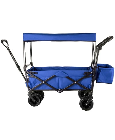 Mecale Extra Large Folding Wagon with Removable Canopy & Rear Storage, All-Terrain Utility Cart, Blue