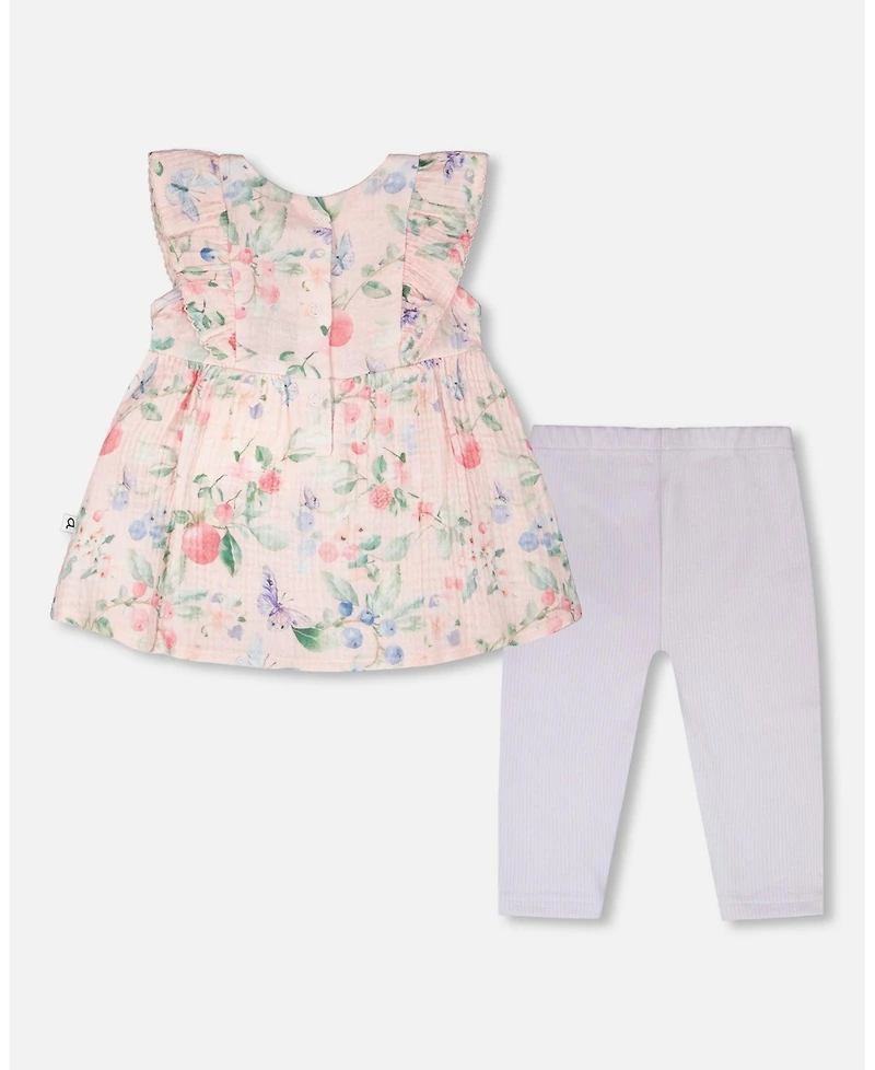 Deux par Baby Girls Cotton Muslin Tunic and Rib Jersey Leggings Set Printed Berries Lilac