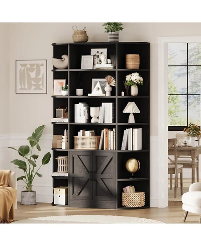 gaomon Bookshelf with Doors,6 Tier Bookcase Storage Cabinet, Modern Farmhouse Freestanding Wood Display Shelves Book Cabinet