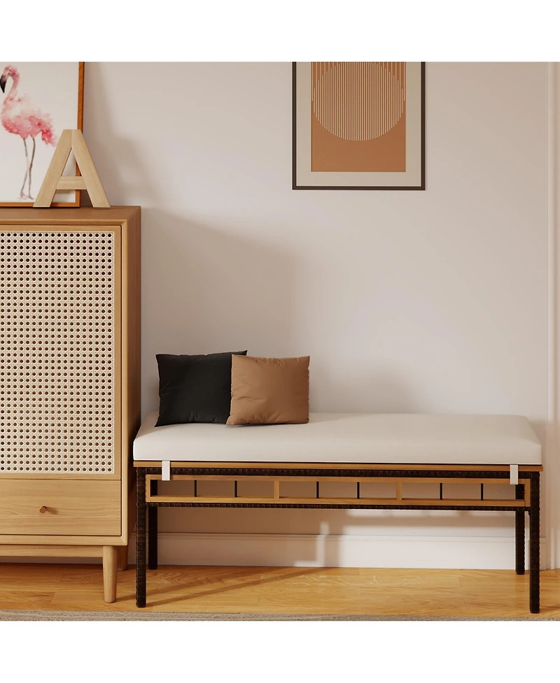 Gymax 48'' Wicker Patio Bench w/Acacia Wood Seat Removable Padded Cushion for Garden Outdoor