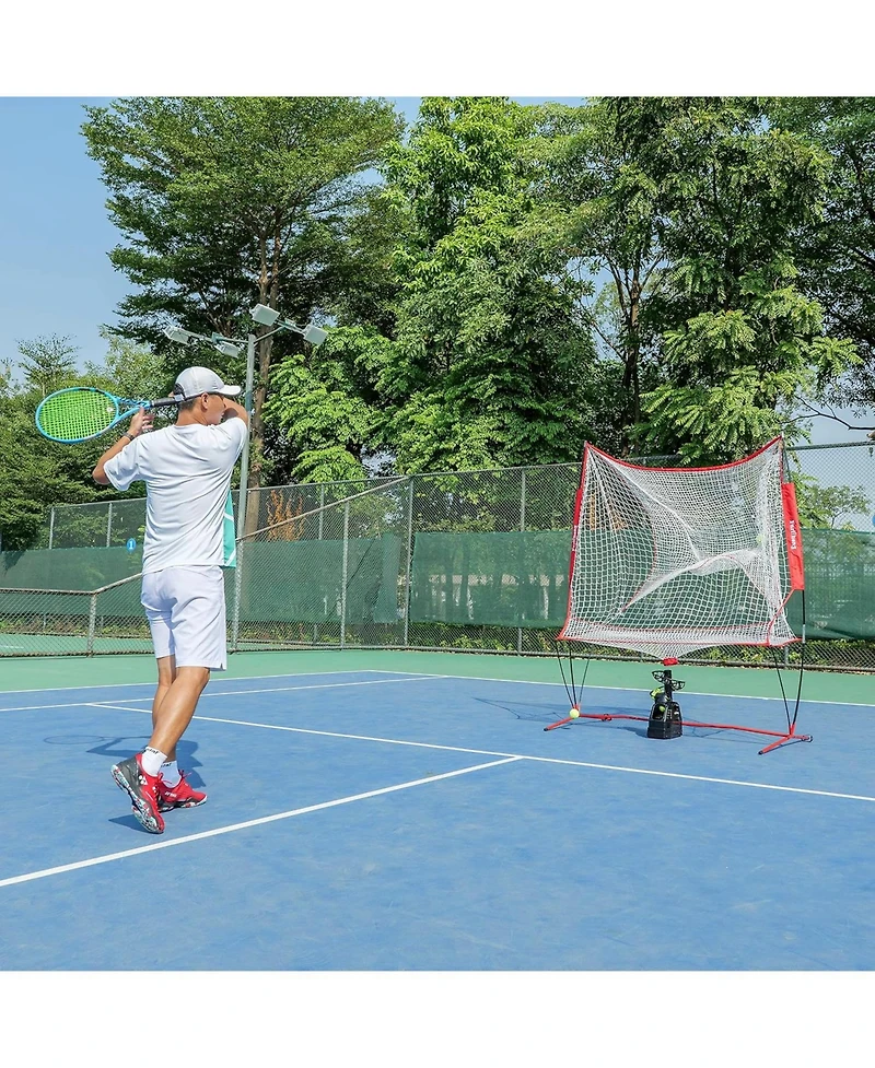 Furlihong training machine net combo offers continuous tennis/baseball practice with auto ball recycling; Ac or battery powered