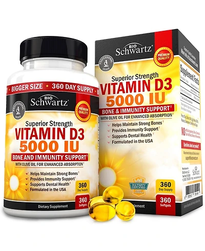 BioSchwartz Vitamin D3 5000 Iu (125 mcg) Natural Immune Support Supplement, Bone Strength, Healthy Muscle Function, 360 Softgels