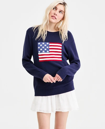 Hooked Up by Iot Juniors' American Flag Crewneck Sweater