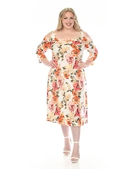 White Mark Plus Cold Shoulder 3/4 Sleeve Dress