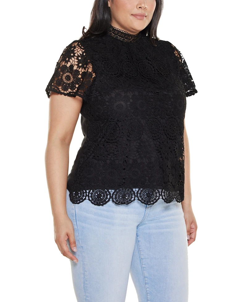 Belldini Plus Lace-Front Mock-Neck Top
