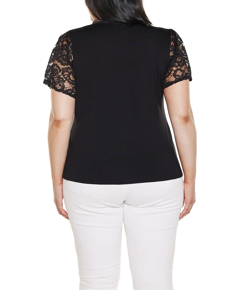 Belldini Plus Crochet Lace Sleeve V-Neck Top