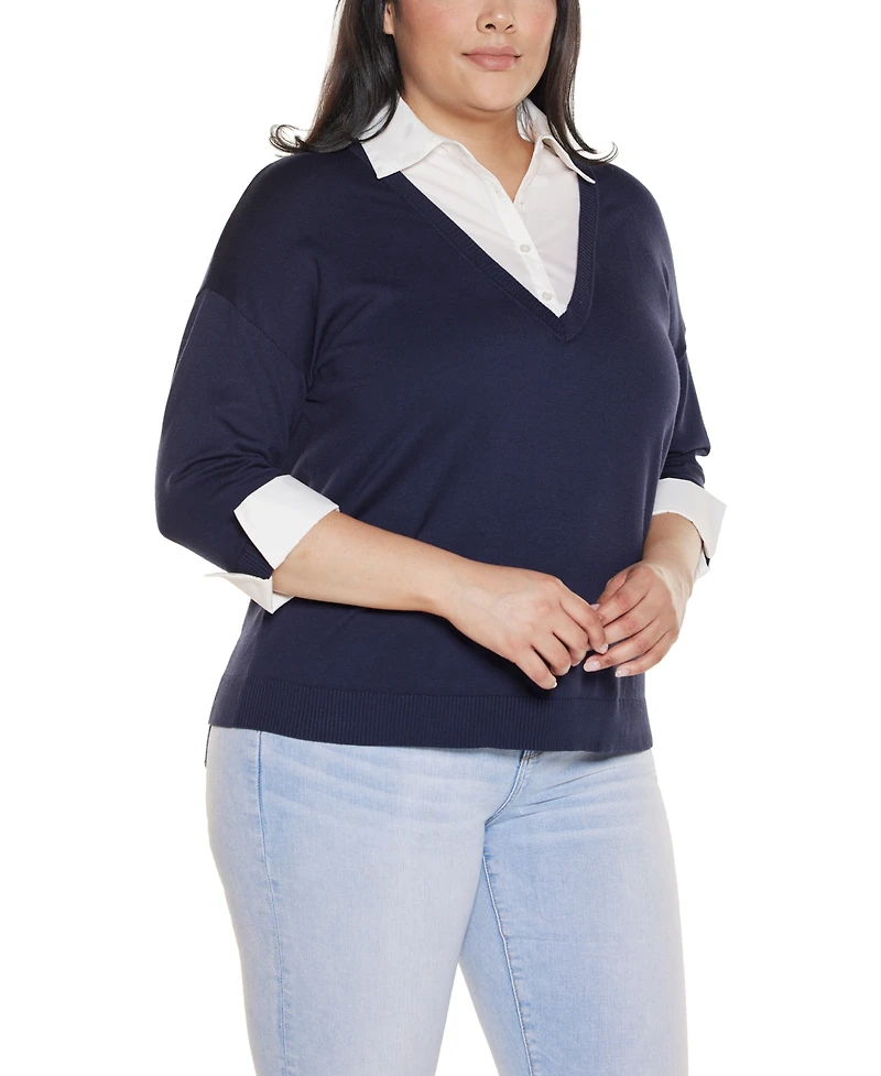 Belldini Plus Woven-Collar Twofer Sweater