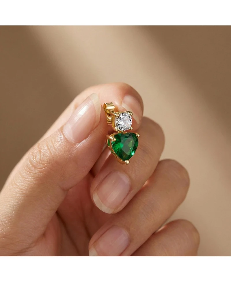 Sterling Silver 14K Gold Plated with Cubic Zirconia Two-Stone Heart Earrings