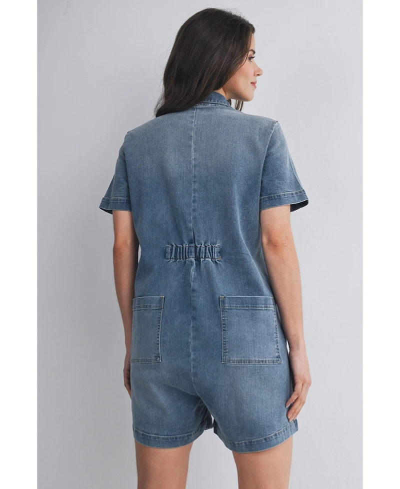 Hello Miz Maternity Nursing-Friendly Button Down Collared Short Sleeve Romper