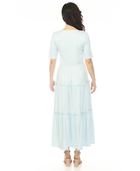 White Mark Women's Square Neck Short Sleeve Tiered Dress