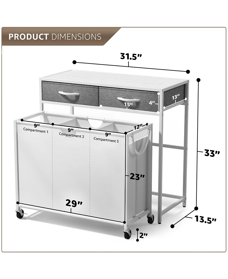 Sorbus Dresser with 3 Section Laundry Hamper and 2 Drawers for Laundry Room Organization