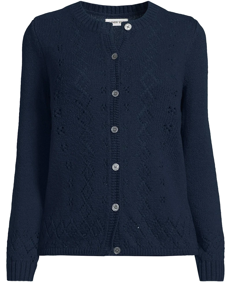 Lands' End Women's Pointelle Crew Neck Cardigan Sweater