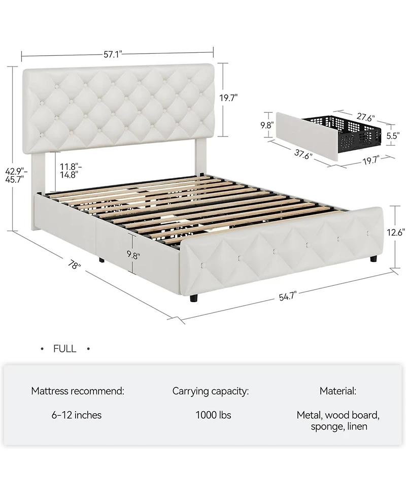 gaomon Full Size Bed Frame with 4 Storage Drawers, Faux Leather Upholstered Platform Bed Frame with Adjustable Headboard