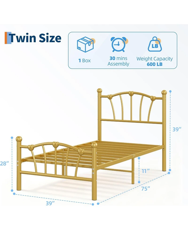 gaomon Twin Kids Bed Frame with Headboard & Footboard, Heart-Shaped Metal Platform Bed, Heavy-Duty Steel Slats, Quiet Design, No Box Spring