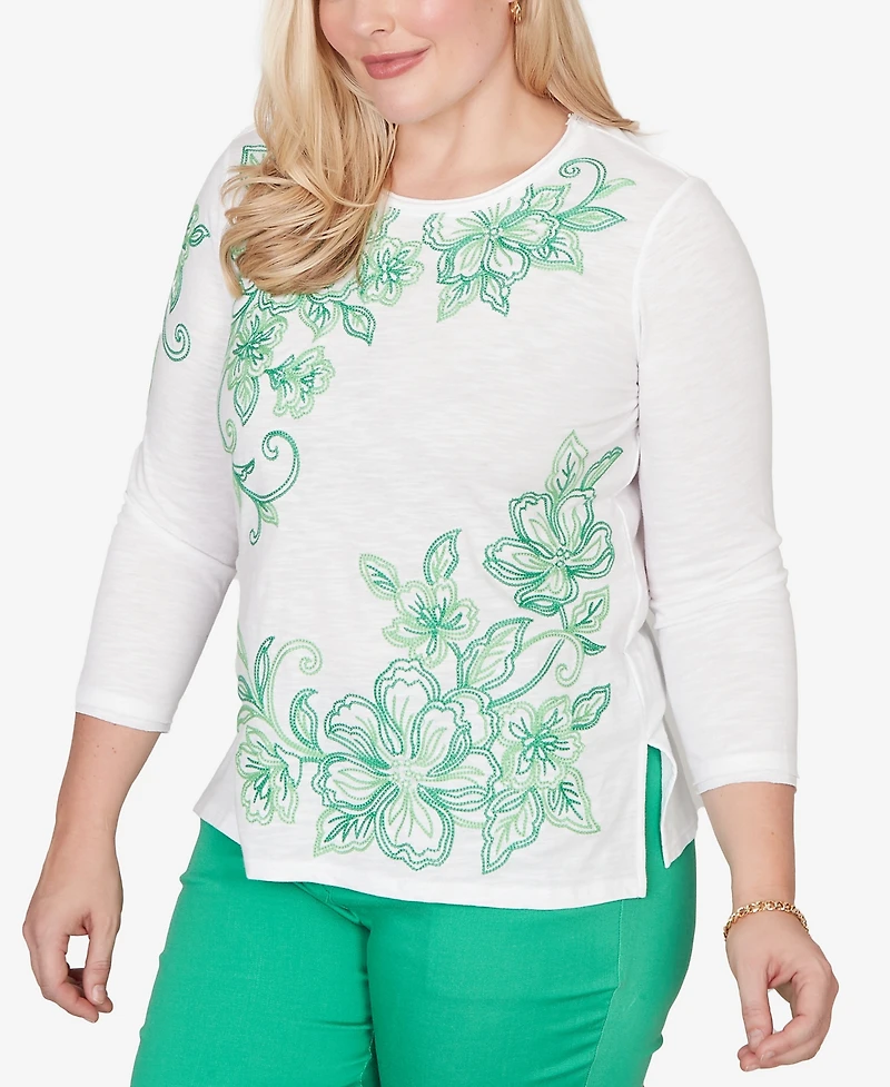 Alfred Dunner Women's Resort Living Tropical Flower Embroidered Top