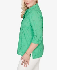 Alfred Dunner Women's Resort Living Eyelet Palm Tree Button Front Top