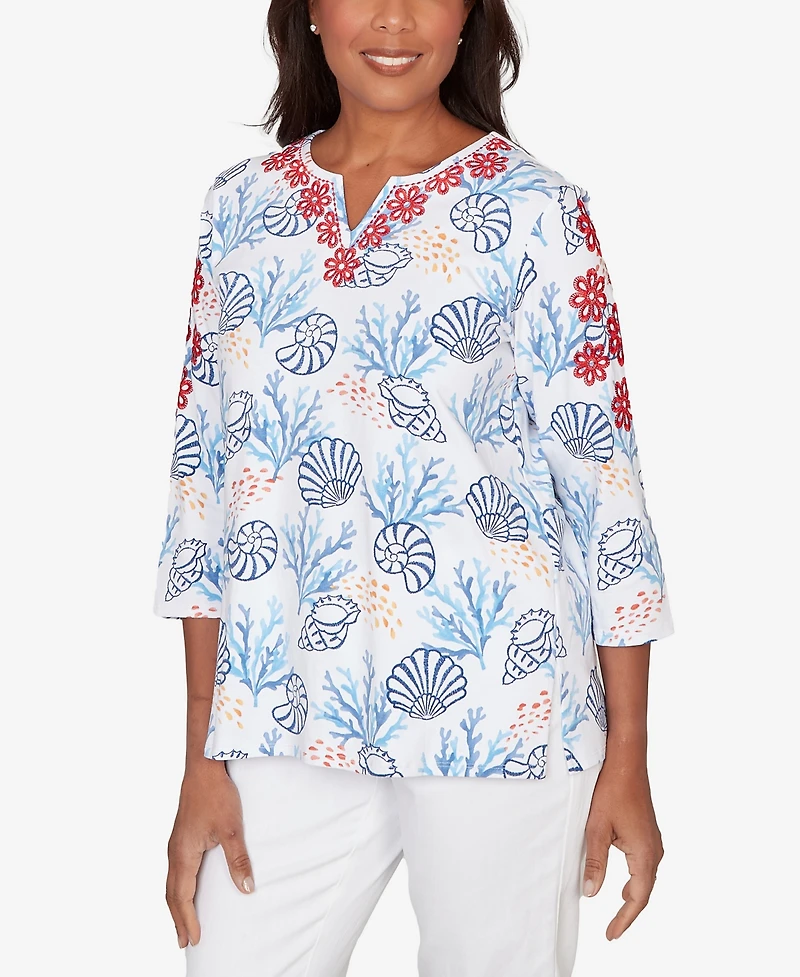 Alfred Dunner Women's Port Side Shell Print Embroidered Top