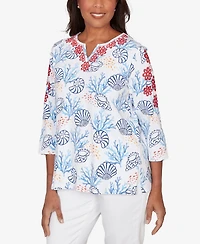 Alfred Dunner Women's Port Side Shell Print Embroidered Top