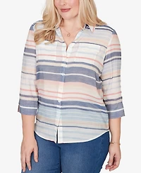 Alfred Dunner Women's Port Side Textured Stripe Button Front Top