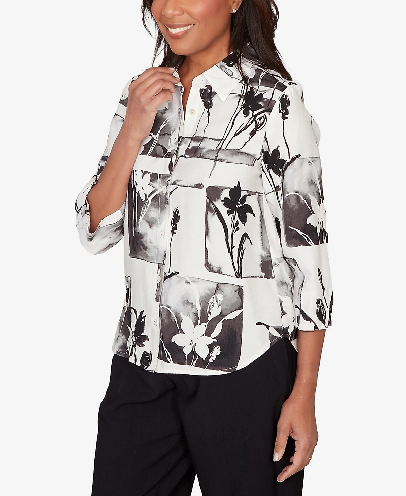 Alfred Dunner Women's Crowd Pleaser Floral Patchwork Button Front Top