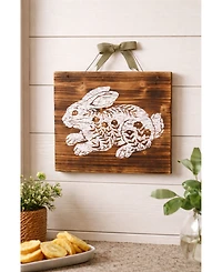 13" x 15" Etched Farmhouse Floral Flowers Easter Rabbit Bunny Wood Hanging Wall Art