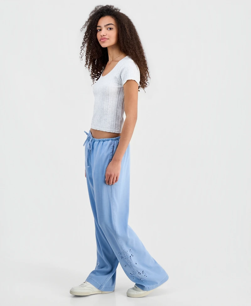Indigo Rein Juniors' Chambray Eyelet-Hem Drawstring Pants