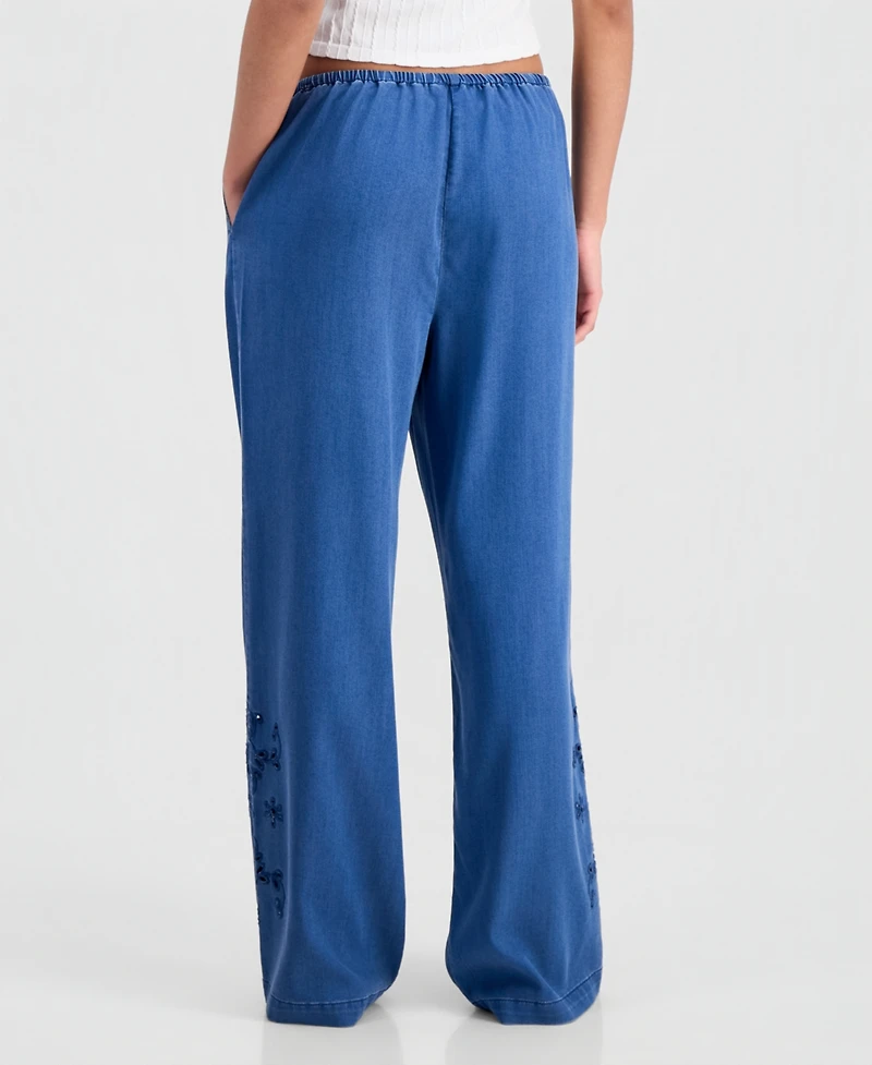 Indigo Rein Juniors' Chambray Eyelet-Hem Drawstring Pants