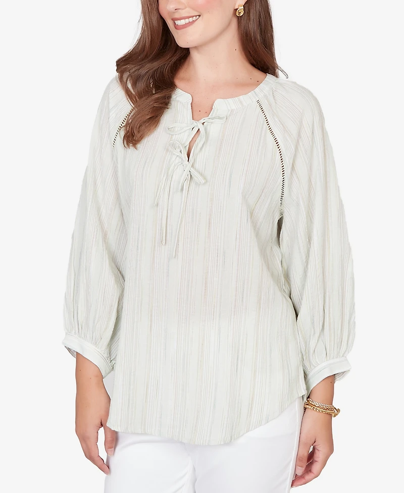 Ruby Rd. Petite Crinkle Stripe Tie Front Peasant Top