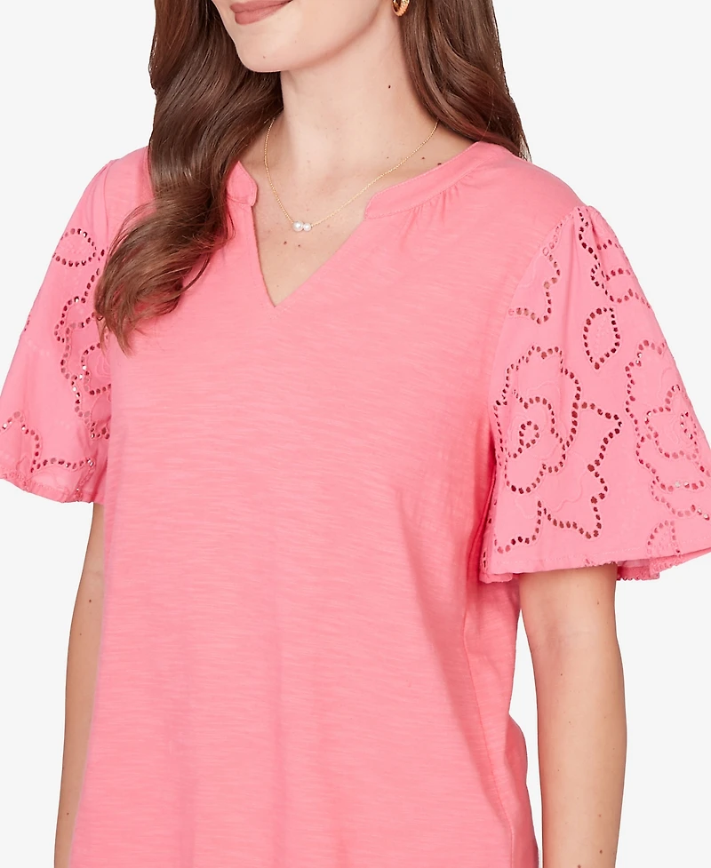 Ruby Rd. Petite Eyelet Sleeve Cotton Jersey Top