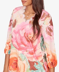 Ruby Rd. Petite Scalloped Neck Bold Floral Knit Top