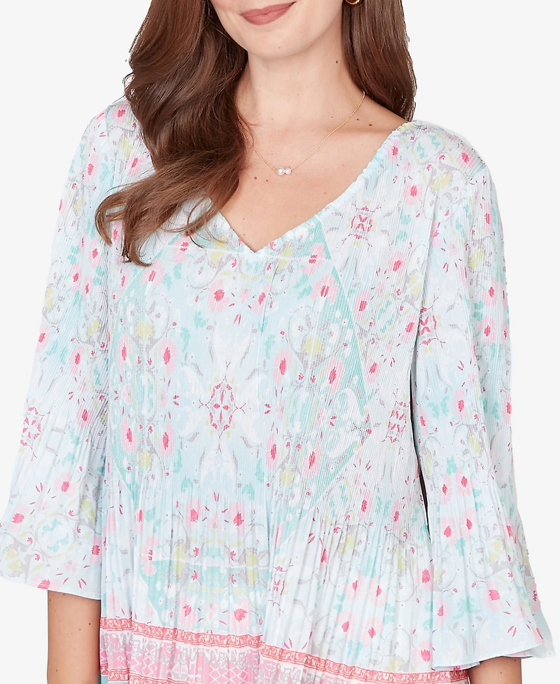 Ruby Rd. Petite Pleated Tapestry Print Bell Sleeve Blouse