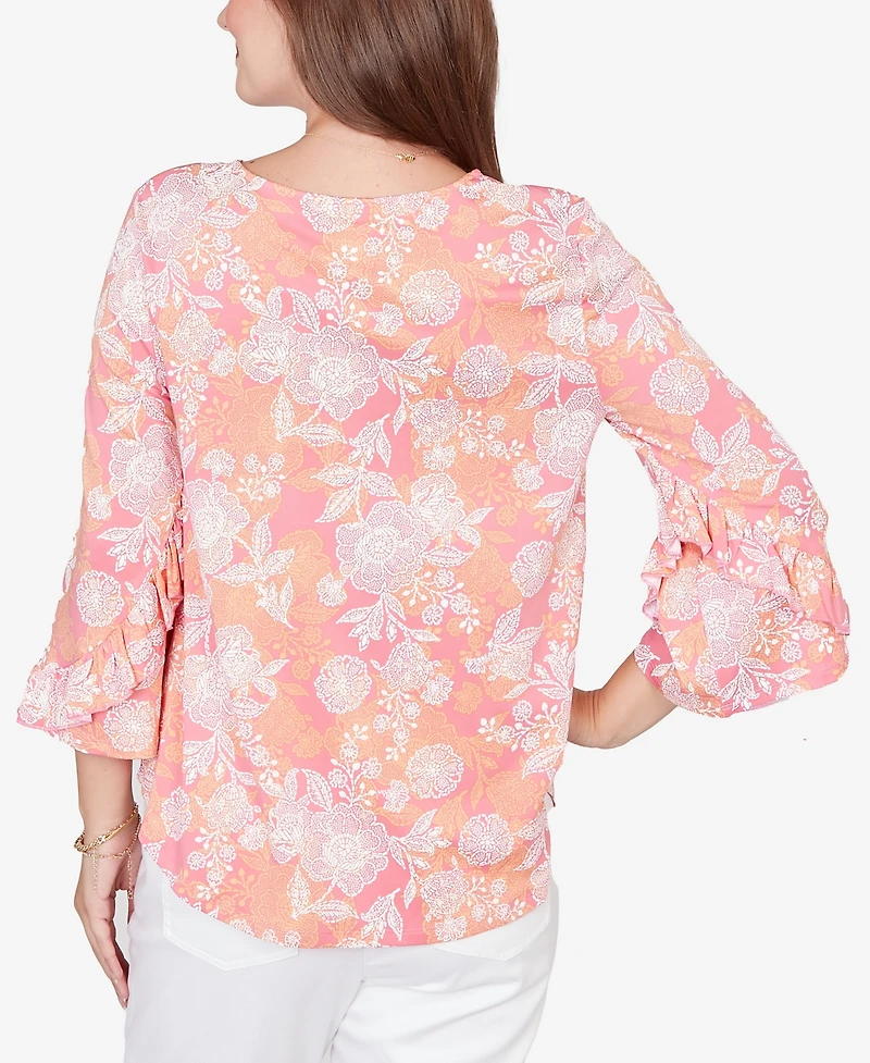 Ruby Rd. Petite Floral Puff Print Ruffle Knit Top