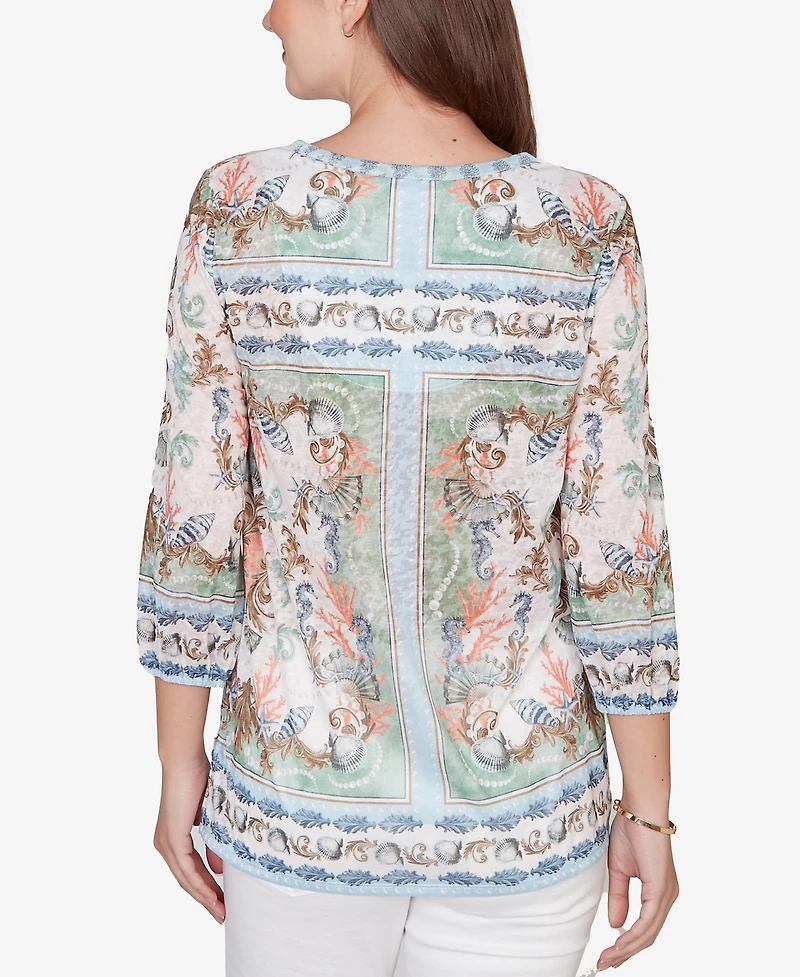 Ruby Rd. Petite Ocean Motif Burnout Knit Top