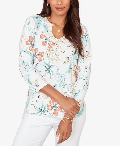 Ruby Rd. Petite Embellished Oceania Floral Knit Top